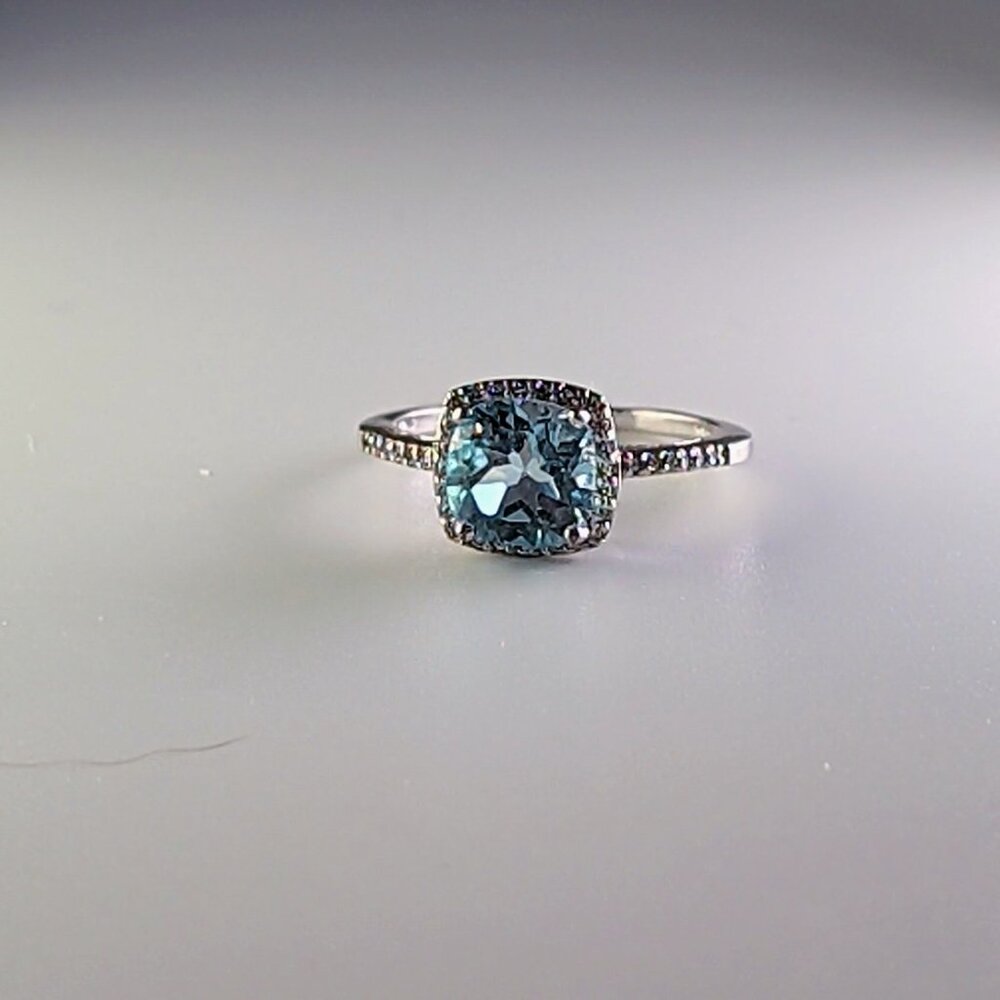 Sterling Silver Blue Topaz & Cubic Zirconia Halo Ring Size 8